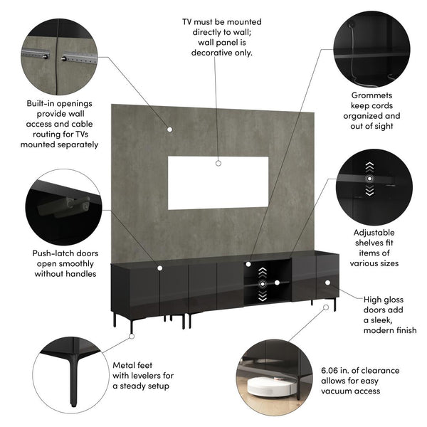 94W Modular Entertainment Center with TV Stand, Storage Cabinet, and Large Wall Panel