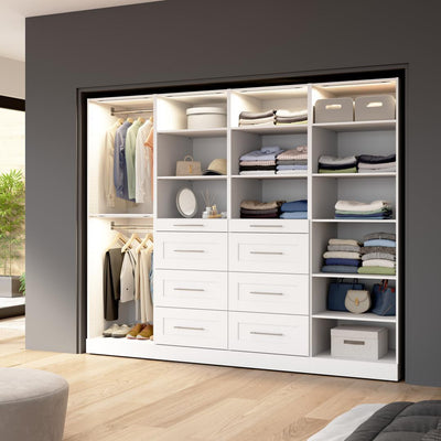 Modular Closet System with Shelves, Drawers, Clothing Rods & LED Lights, Shaker Style, 100W x 25D