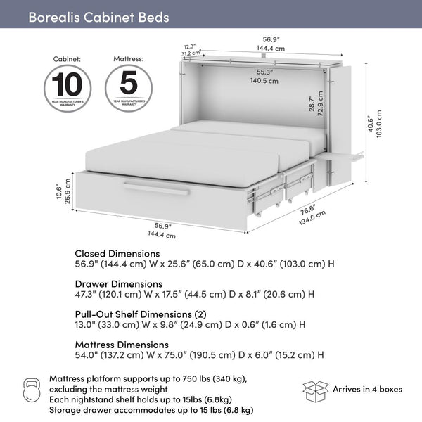 57W Full Murphy Cabinet Bed with Pullout Drawer and Mattress
