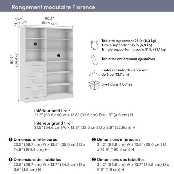 Système de rangement modulaire pour garde-robe walk-in ou placard avec tablettes et tiroirs 61L x 16P, style Shaker