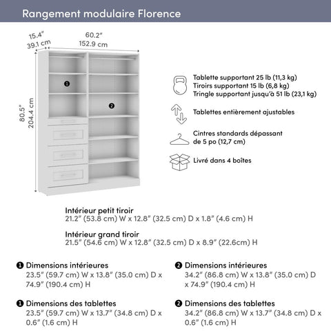 Système de rangement modulaire pour garde-robe walk-in ou placard avec tablettes et tiroirs 61L x 16P, style Shaker