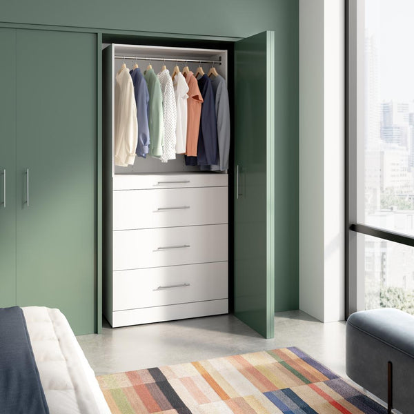 Organisateur de garde-robe modulaire pour walk-in ou placard avec tablettes et 4 tiroirs 36L x 16P, style épuré