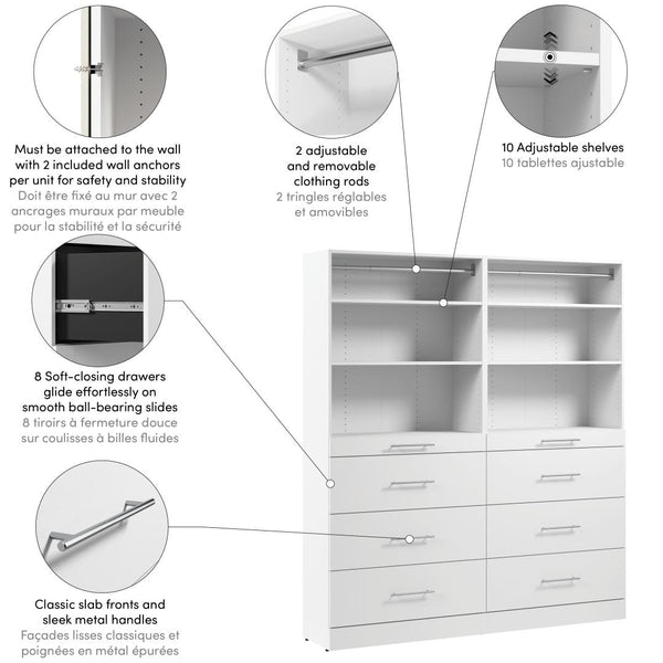 Modular Closet System with Shelves, Drawers & Clothing Rods, Slab Style, 71W x 16D