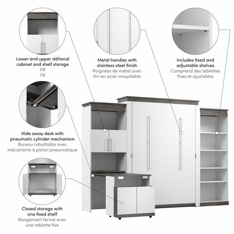 Grand lit escamotable avec tablettes et armoire avec bureau rétractable (126L)