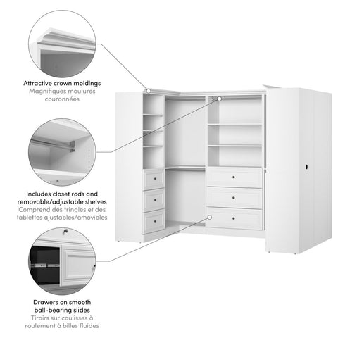 Traditional U-Shaped Closet System with Shelves, Drawers, Clothing Rods, Doors & Cubbies, 108W x 61D