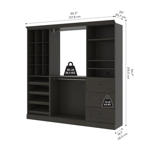 Traditional Closet System with Shelves, Drawers, Shoe Racks, Clothing Rods & Cubies, 86W x 20D