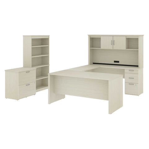 66W U-Shaped Desk with Hutch, Lateral File Cabinet, and Bookcase