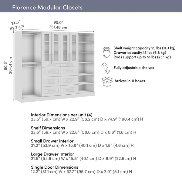 Système de rangement modulaire pour garde-robe walk-in avec lampes DEL, tringles, tablettes, portes et tiroirs 100L x 25P, style Shaker