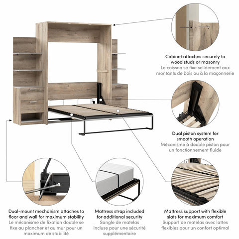 Lit escamotable double avec tables de chevet et étagères flottantes (99L)