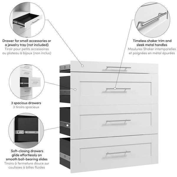 Ensemble de 4 tiroirs Shaker pour organisateur de garde-robe modulaire pour walk-in ou placard avec tablettes 36L x 16P Florence