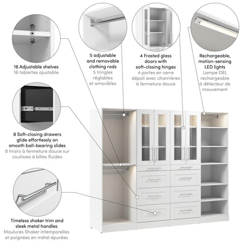 Système de rangement modulaire pour garde-robe walk-in avec lampes DEL, tringles, tablettes, portes et tiroirs 100L x 25P, style Shaker