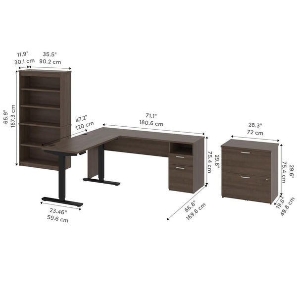 72W L-Shaped Standing Desk with Bookcase and File Cabinet