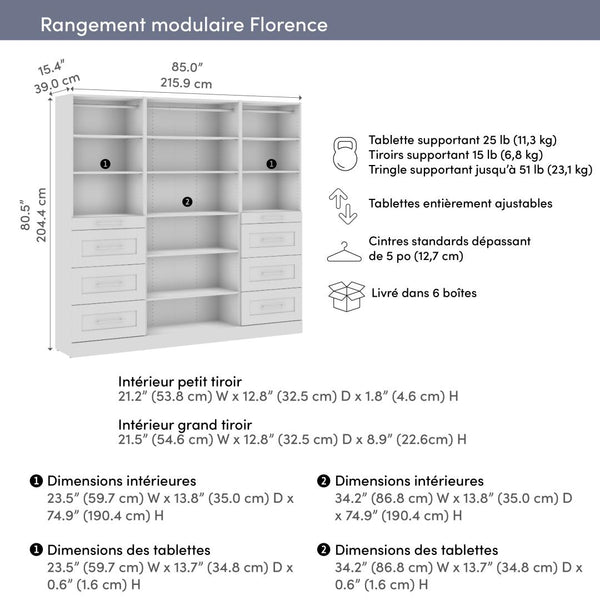 Système de rangement modulaire pour garde-robe walk-in ou placard avec tablettes et tiroirs 85L x 16P, style Shaker