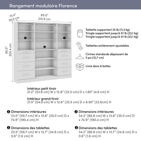 Système de rangement modulaire pour garde-robe walk-in ou placard avec tablettes et tiroirs 85L x 16P, style épuré