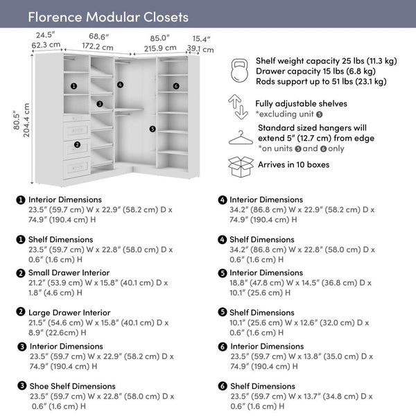Système de rangement modulaire en L pour garde-robe walk-in avec lampes DEL, tringles, tiroirs et tablettes à chaussures 85L x 69P, style Shaker