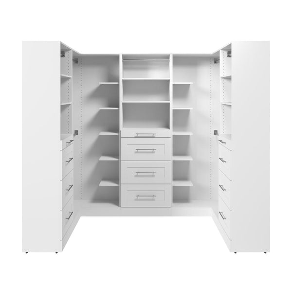 Système de rangement modulaire en U pour garde-robe walk-in avec tringles, tablettes et tiroirs 95L x 61P, style Shaker