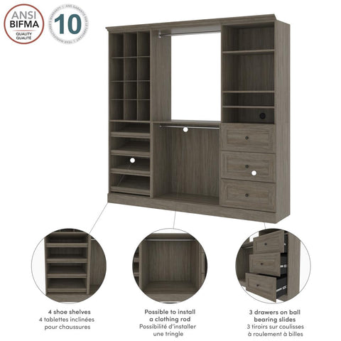 Traditional Closet System with Shelves, Drawers, Shoe Racks, Clothing Rods & Cubies, 86W x 20D