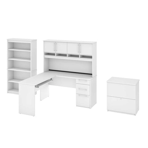 Bureau en L 60L avec huche, classeur latéral et bibliothèque