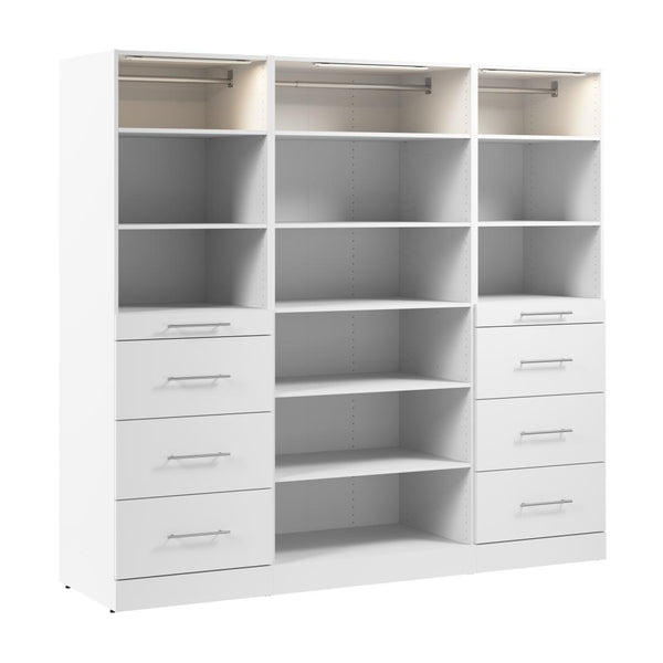 Système de rangement modulaire pour garde-robe walk-in ou placard avec lampes DEL, tablettes et tiroirs 85L x 25P, style épuré