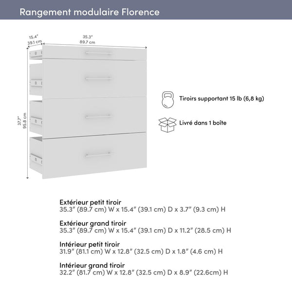 Ensemble de 4 tiroirs lisses pour organisateur de garde-robe modulaire pour walk-in ou placard avec tablettes 36L x 16P Florence