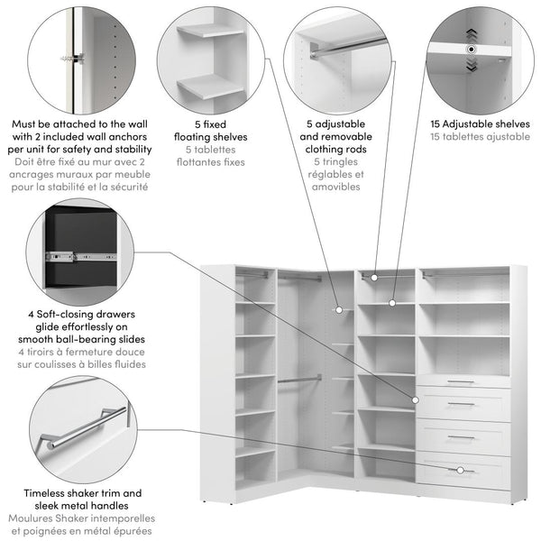 Système de rangement modulaire en L pour garde-robe walk-in avec tringles, tablettes et tiroirs 95L x 61P, style Shaker
