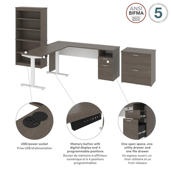 Bureau assis-debout en L 72L avec bibliothèque et classeur