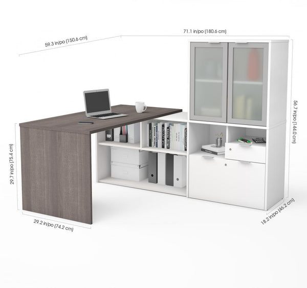 Bureau en L 72L avec huche à portes en verre dépoli
