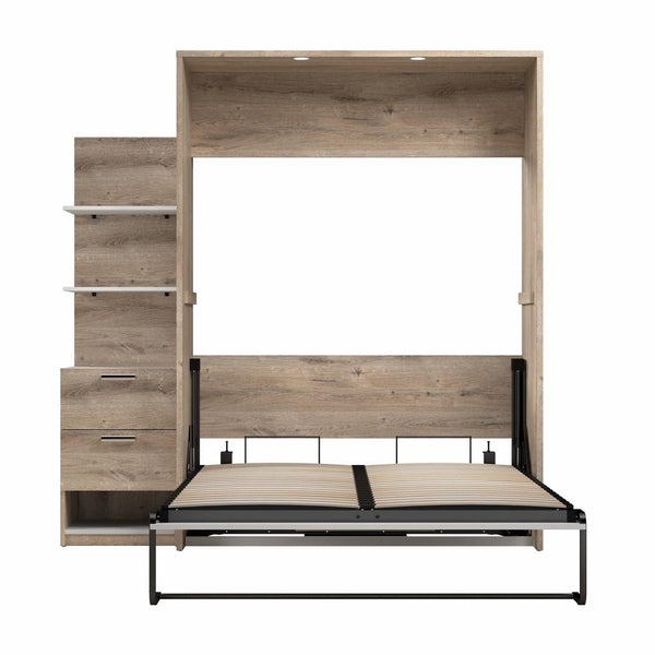 Lit escamotable double avec table de chevet et étagères flottantes (79L)