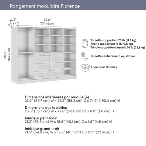 Système de rangement modulaire pour garde-robe walk-in ou placard avec lampes DEL, tringles, tablettes et tiroirs 100L x 25P, style Shaker