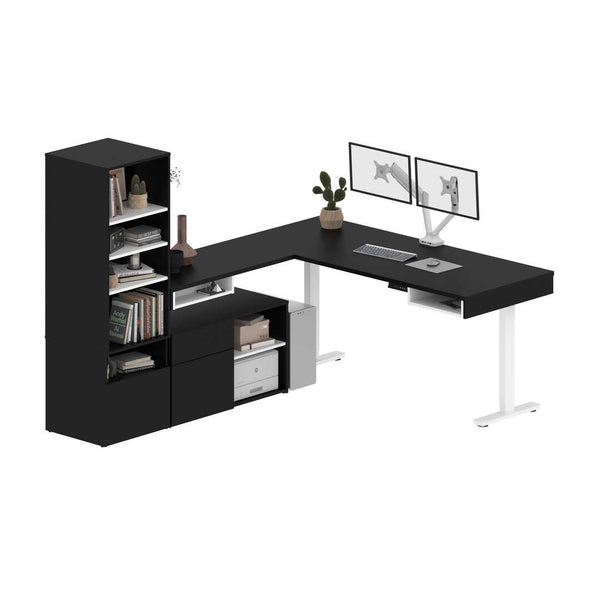 Bureau assis-debout en L 72L avec support double pour moniteurs et rangement