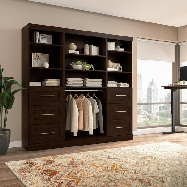 Contemporary Closet System with Shelves, Drawers & Clothing Rods, 86W x 19D