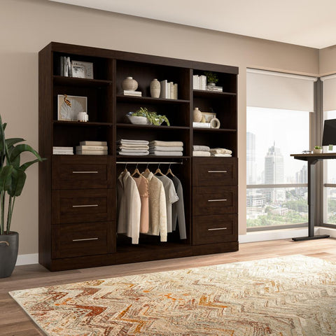 Contemporary Closet System with Shelves, Drawers & Clothing Rods, 86W x 19D