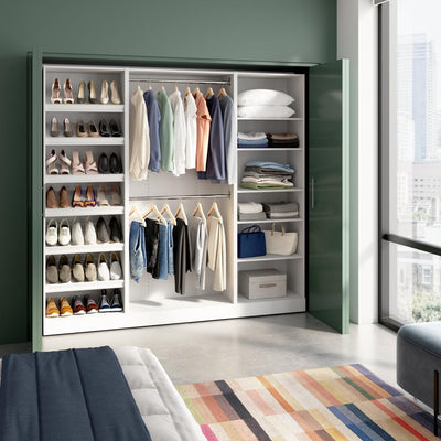 Système de rangement modulaire pour garde-robe walk-in ou placard avec tringles et tablettes à chaussures 85L x 16P