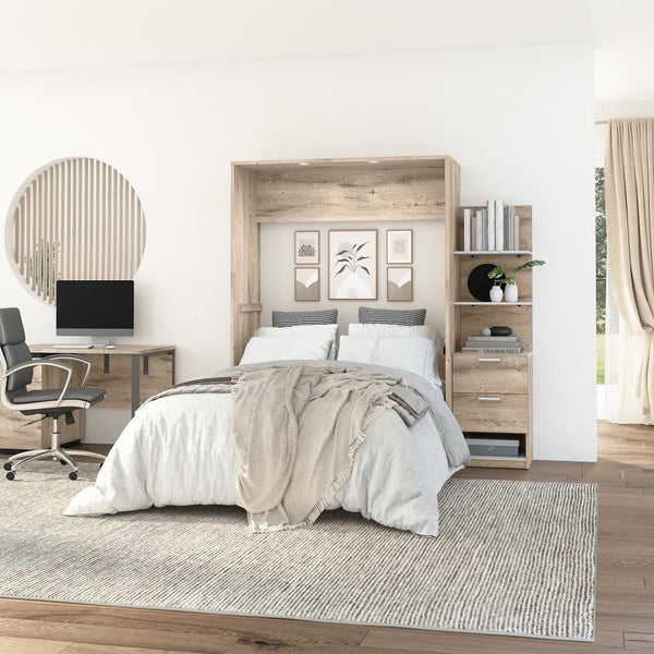 Lit escamotable double avec table de chevet et étagères flottantes (79L)