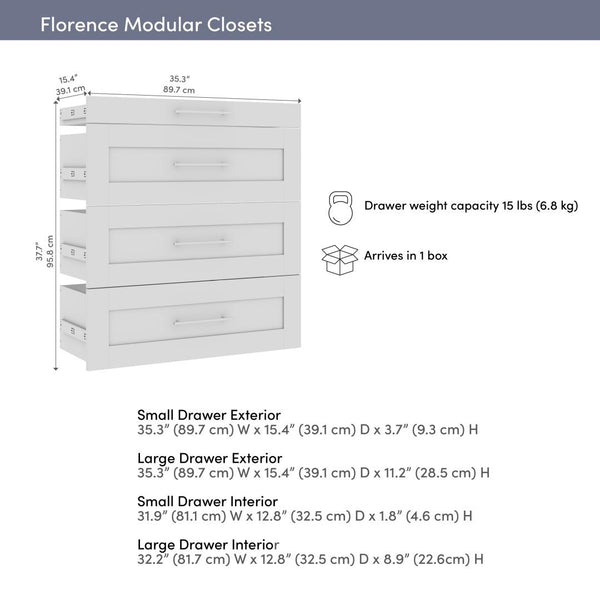 Ensemble de 4 tiroirs Shaker pour organisateur de garde-robe modulaire pour walk-in ou placard avec tablettes 36L x 16P Florence