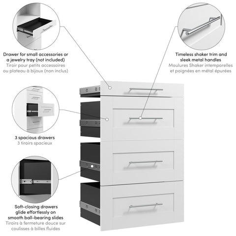 Ensemble de 4 tiroirs Shaker pour organisateur de garde-robe modulaire pour walk-in ou placard avec tablettes 25L x 25P Florence