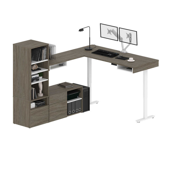 Bureau assis-debout en L 72L avec support double pour moniteurs et rangement