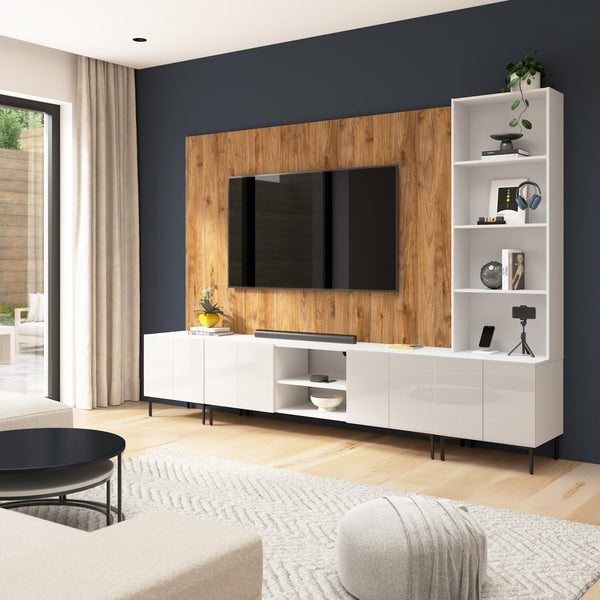 118W Modular Entertainment Center with TV Stand, Storage Cabinets, Hutch, and Large Wall Panel