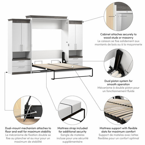 Queen Murphy Bed with Storage Cabinets and Pull-Out Shelves (126W)