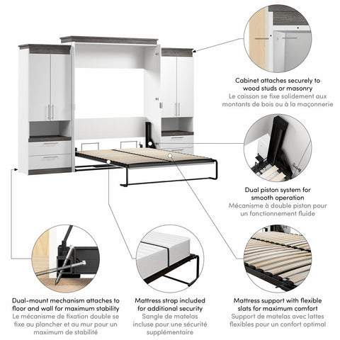 Queen Murphy Bed with Storage Cabinets and Pull-Out Shelves (126W)