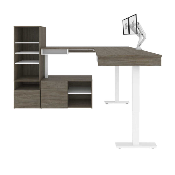 Bureau assis-debout en L 72L avec support double pour moniteurs et rangement