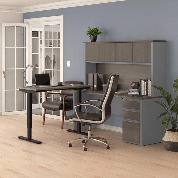 Bureau assis-debout en L 72L avec caisson et huche