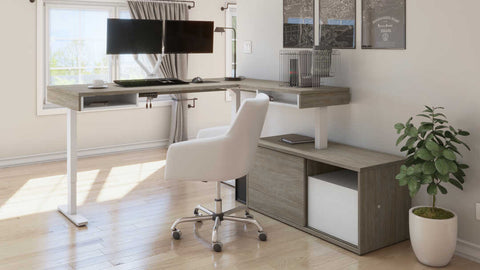 81W L-Shaped Standing Desk with Dual Monitor Arm and Credenza