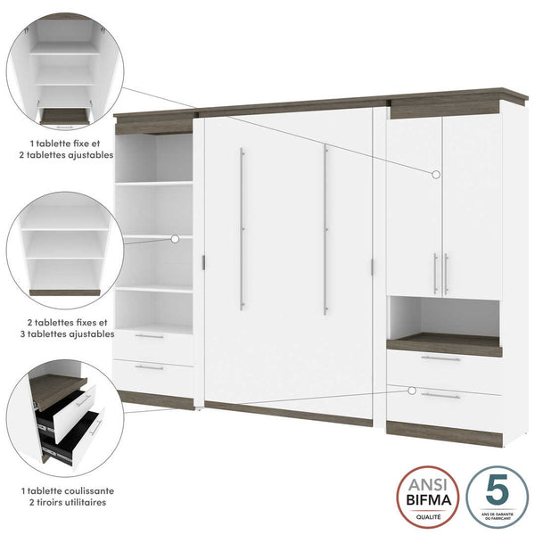 Lit escamotable deux places (double) et rangement multifonctionnel avec tiroirs (119L)