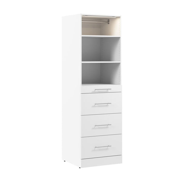 Organisateur de garde-robe modulaire pour walk-in ou placard avec lampe DEL, tablettes et 4 tiroirs 25L x 25P, style épuré