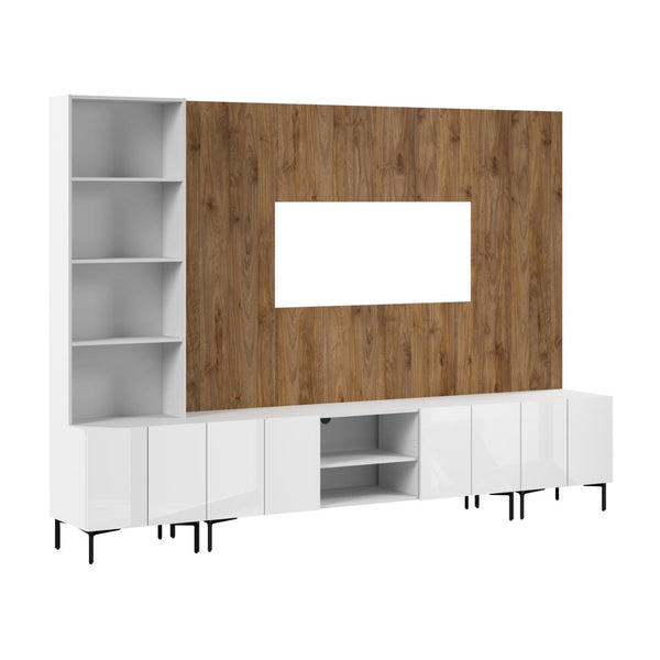 118W Modular Entertainment Center with TV Stand, Storage Cabinets, Hutch, and Large Wall Panel