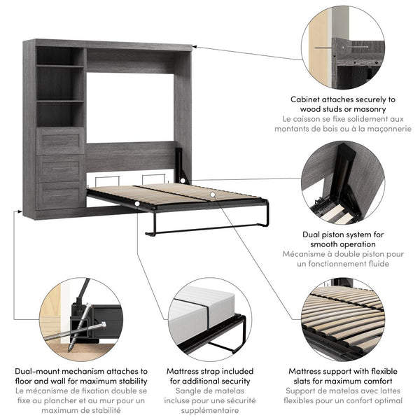 Lit escamotable double et étagère avec tiroirs (84L)