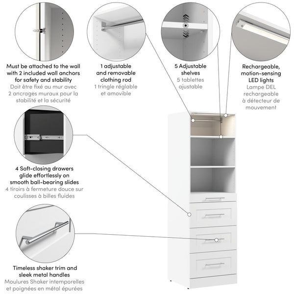 Organisateur de garde-robe modulaire pour walk-in ou placard avec lampe DEL, tablettes et 4 tiroirs 25L x 25P, style Shaker