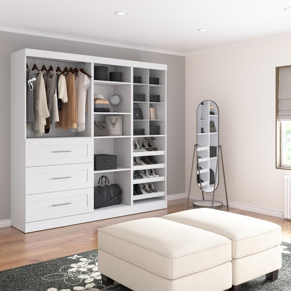 Contemporary Closet System with Shelves, Drawers, Clothing Rods, Shoe Racks & Cubbies, 86W x 19D