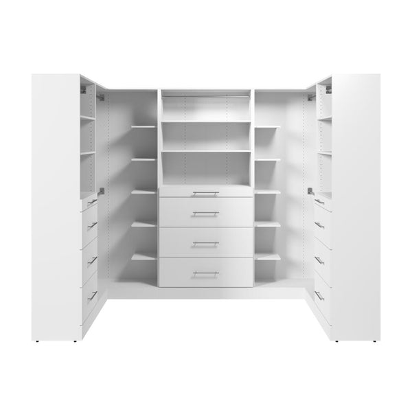 Système de rangement modulaire en U pour garde-robe walk-in avec tringles, tablettes et tiroirs 105L x 61P, style épuré